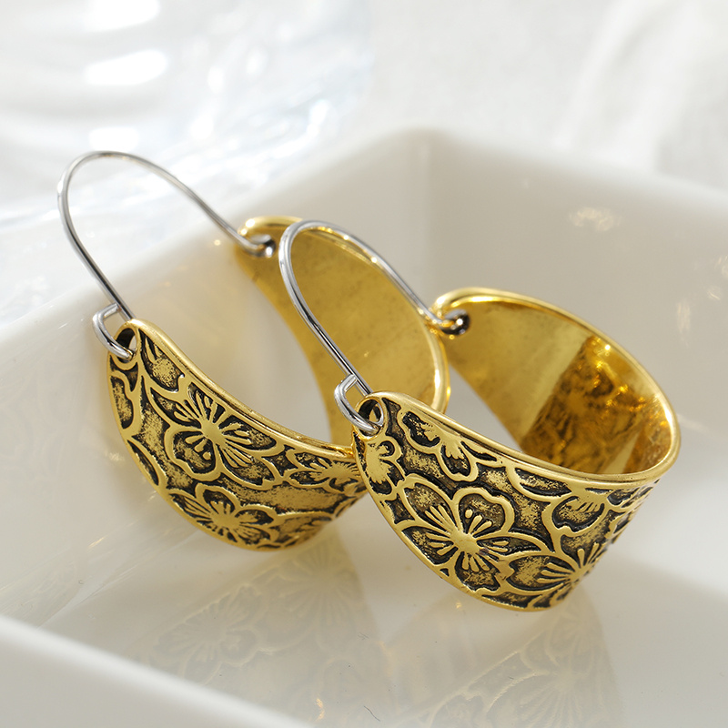 Vintage Embossed Flower Pattern Textured Metal Hook Dangle Earrings